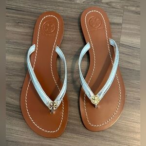 Tory Burch Leather Slim Flip Flop silver